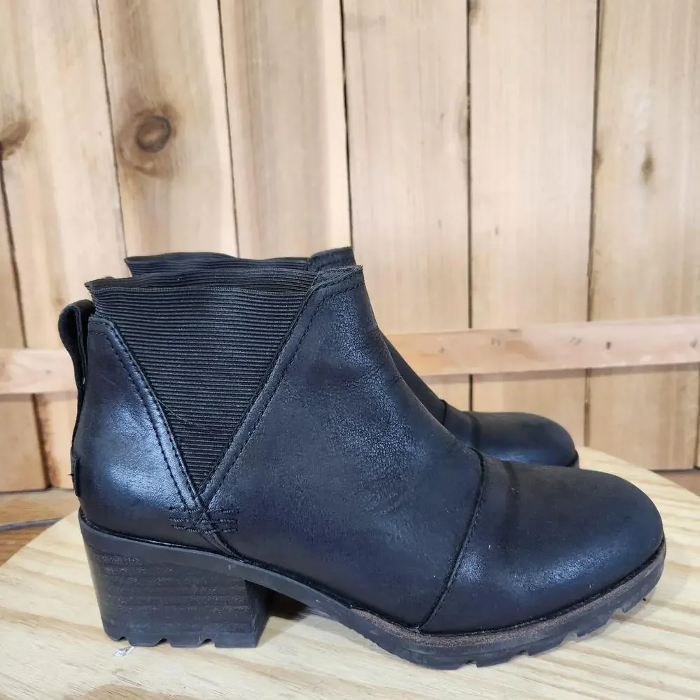 Sorel Cate Chelsea Ankle Boots Womens 6.5 Black Leather Pull On Booties Winter